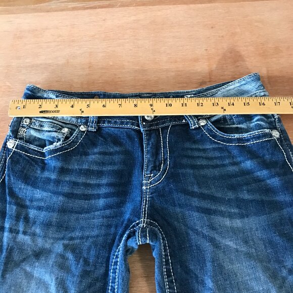 Miss Me Bootcut Jeans Women 31 Blue Low Rise Rhinestone Flap Pocket Thick Stitch - Picture 9 of 16